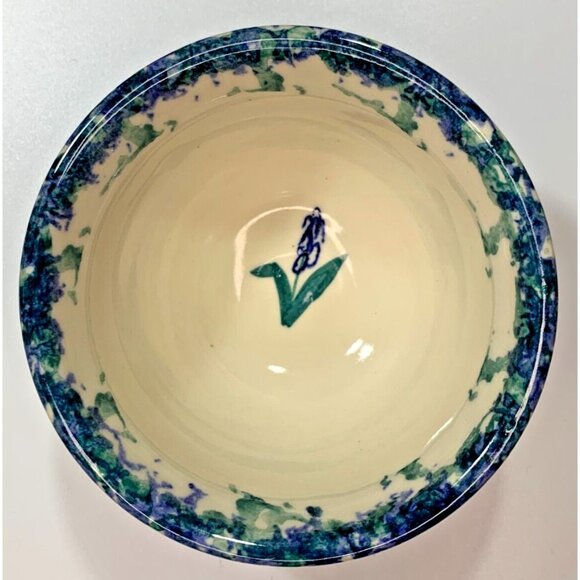Small Pottery Serving Bowl Blue Sponge Painted Flower Hyacinth or Lupin 4" dia - Picture 2 of 5
